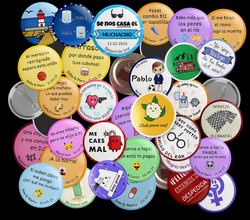 Colección de chapas personalizadas para bodas, cumpleaños y celebraciones